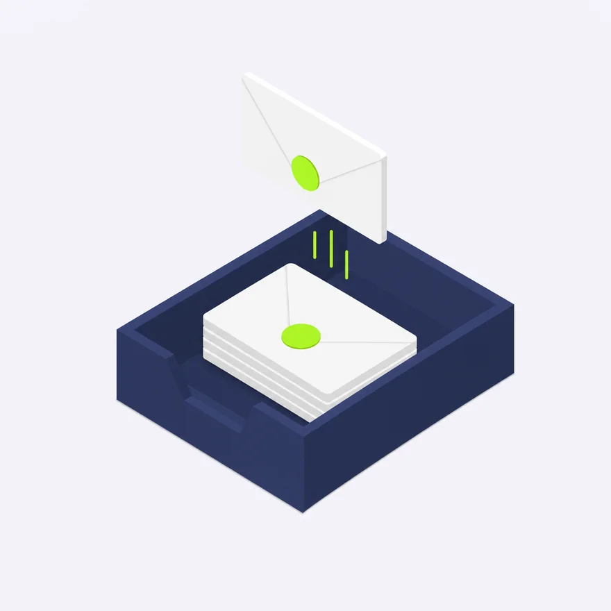 Isometric navy inbox receiving a message card with a lime seal