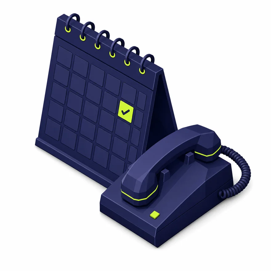 Isometric illustration of a desk calendar with a highlighted date beside a telephone handset