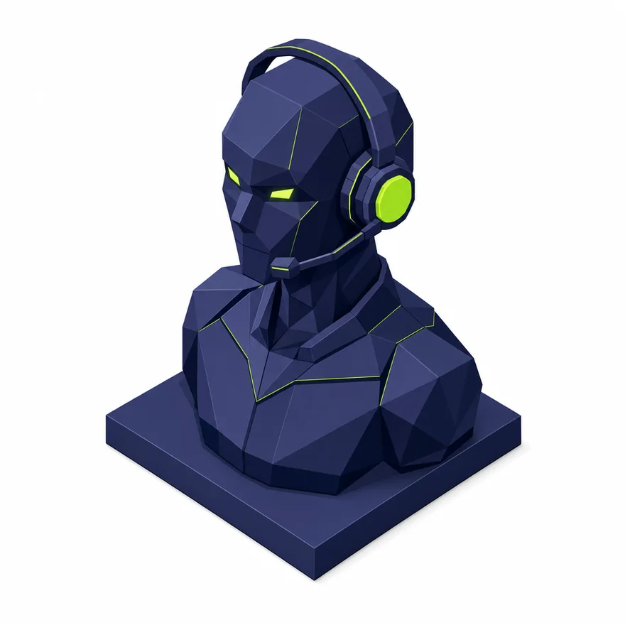 Isometric robot employee with headset, green accents