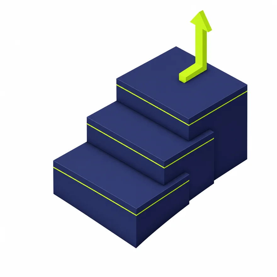 Isometric stacked build phases with green progress arrow