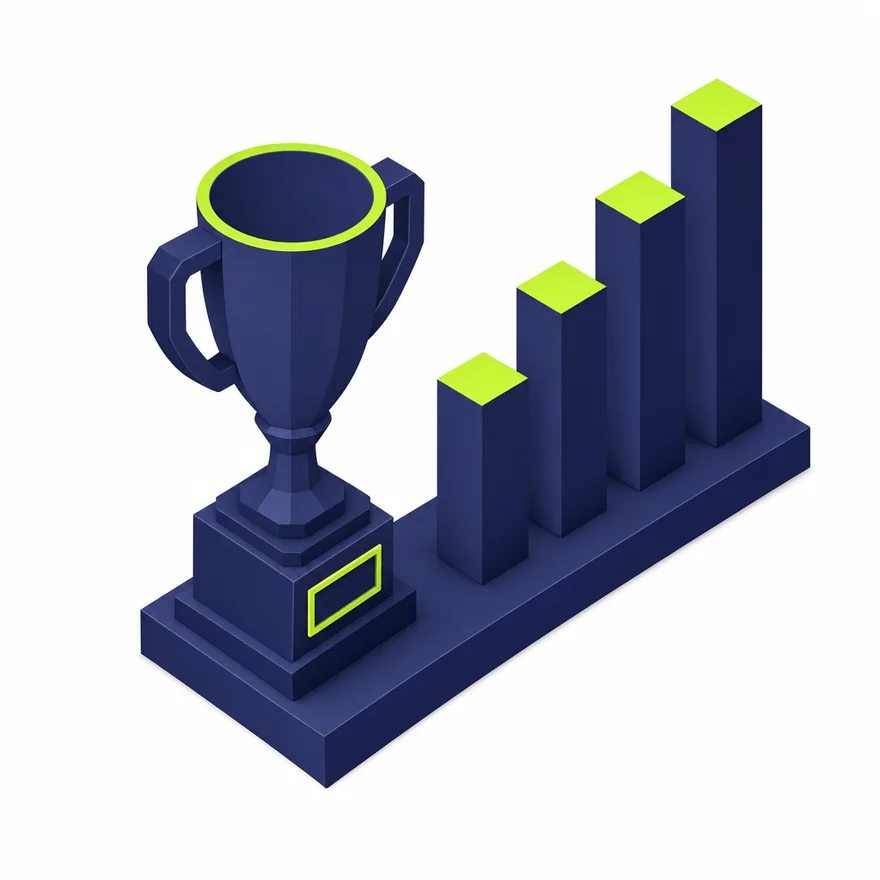 Isometric trophy with rising chart, green accents