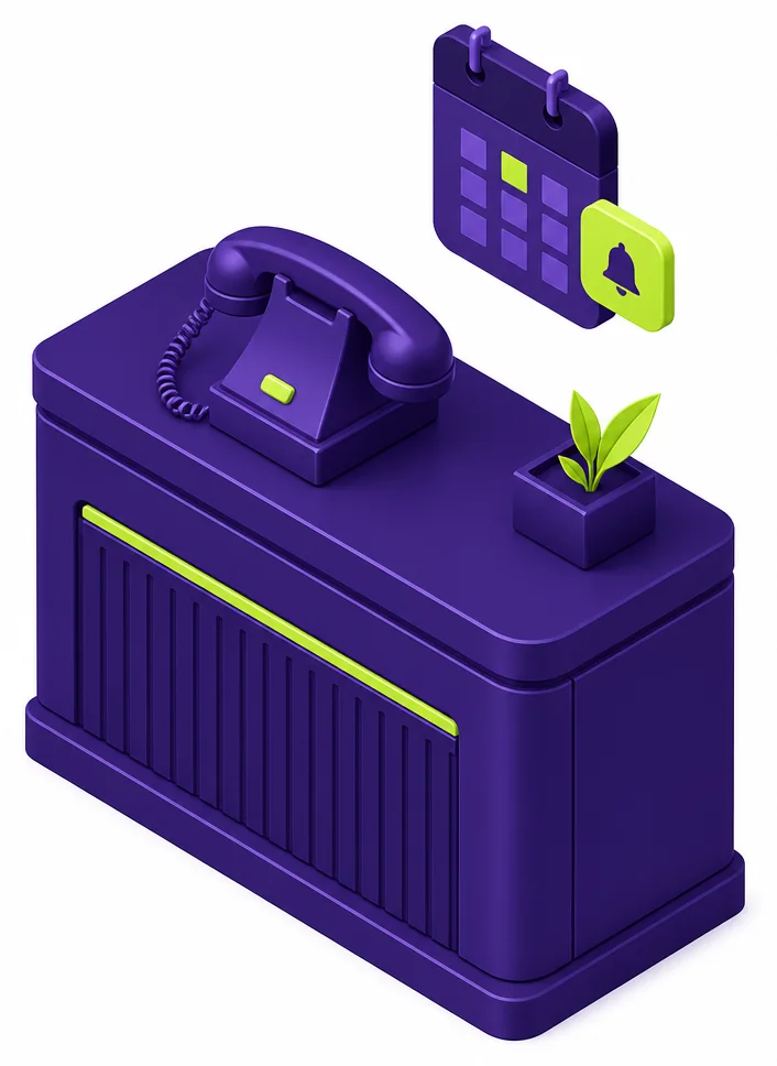 Isometric navy reception desk with telephone and lime booking notification