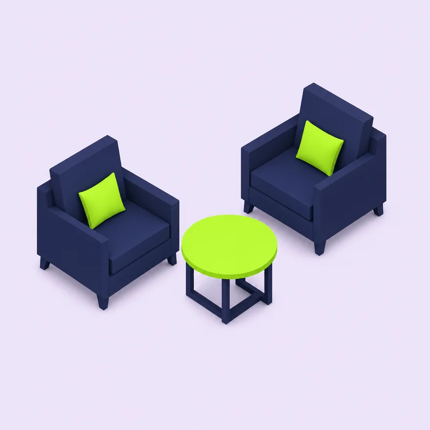 Isometric navy chairs and a lime table for a fit call