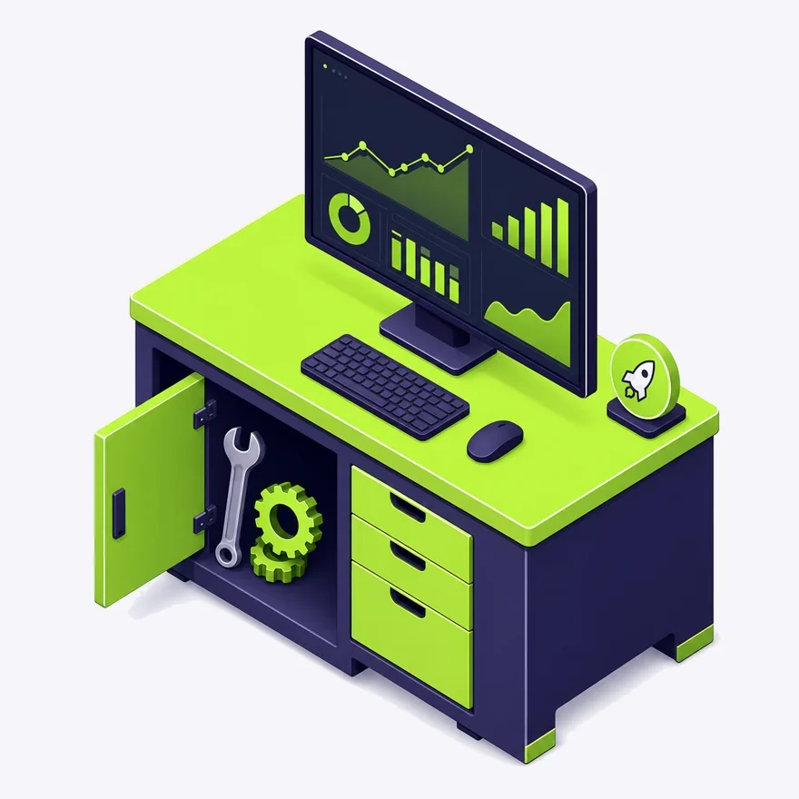 Isometric operator workstation with metrics, tools, and launch badge